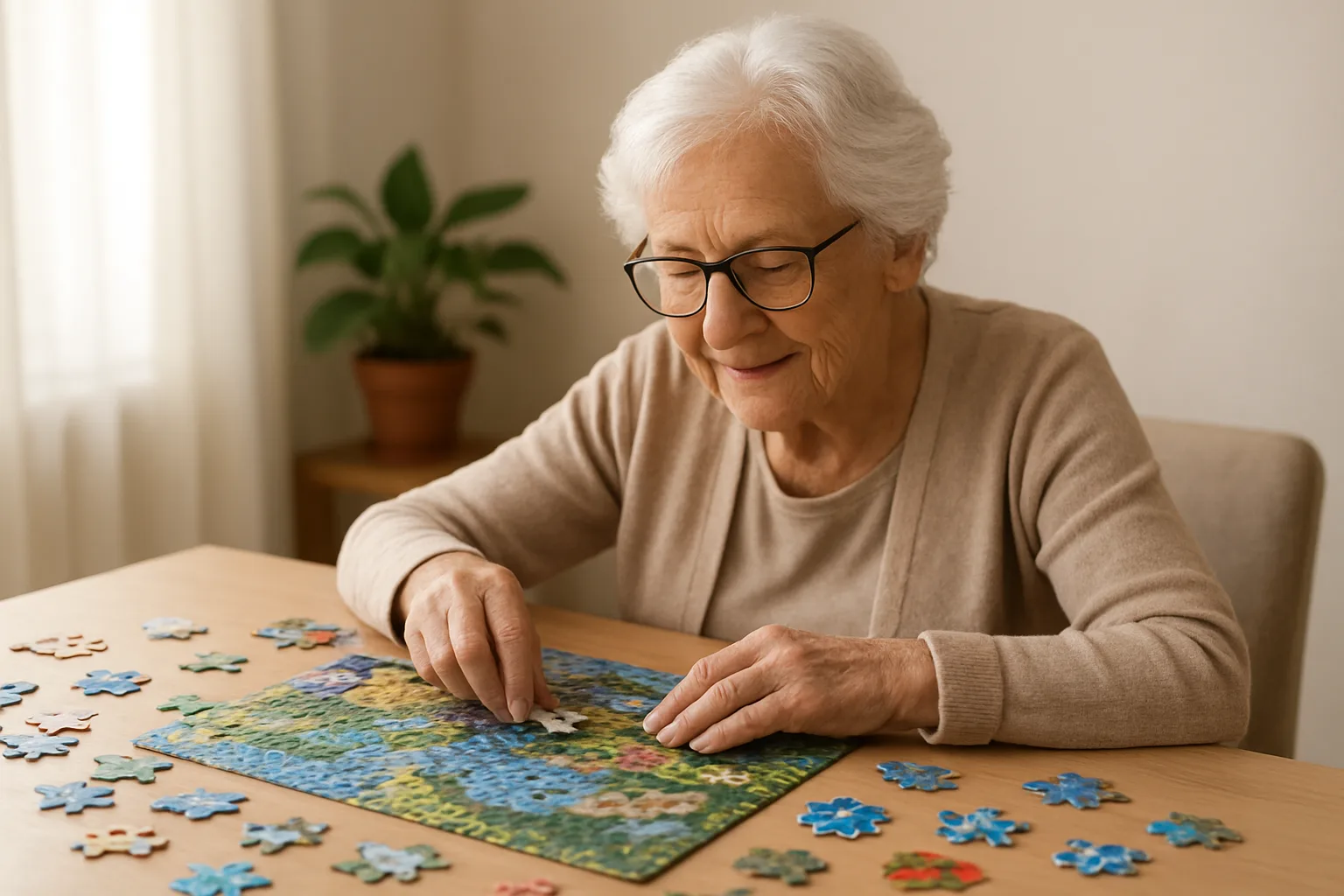 Senior enjoying a jigsaw puzzle with big puzzle pieces